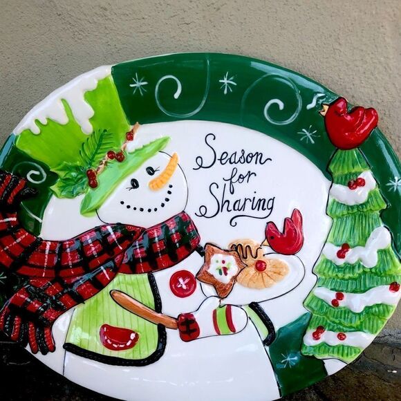 Fitz and Floyd Holly Hat Snowman Platter - Picture 1 of 9